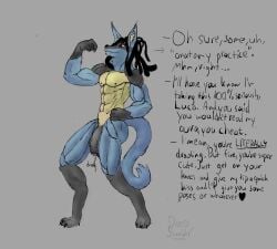 abs anthro biceps bodily_fluids canid canine claws deepslumber deltoids dreadlocks flexing forearm_muscles foreskin generation_4_pokemon genital_fluids genitals hi_res inner_ear_fluff lucario male mammal muscular muscular_anthro muscular_male nintendo paws pecs penis pokemon pokemon_(species) precum quads red_eyes smile snout solo tail text toe_claws tuft