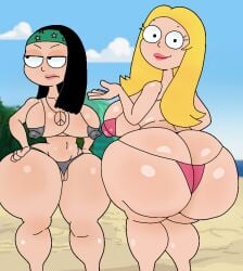 2girls american_dad beach between_labia big_ass big_breasts bikini curvy female_only francine_smith furu_flami hayley_smith huge_breasts lipstick milf mother_and_daughter pawg peace_symbol_necklace small_bikini thick_ass