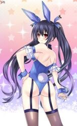 1girls armband ass black_hair blue_leotard breasts bunny_ears bunny_tail detached_collar fake_animal_ears fake_tail female female_only fishnet_thighhighs fishnets fully_clothed garter_straps hairbow leotard lewdkuma looking_at_viewer medium_breasts neptunia_(series) noire playboy_bunny red_eyes revealing_clothes thighhighs twintails wrist_cuffs