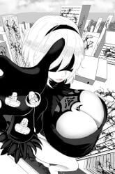 1girls android android_girl big_breasts black_blindfold black_hairband blindfold breasts city city_ruins frown giantess hairband light-skinned_male light_skin machines macro mole_under_mouth nier nier:_automata nier_(series) post_apocalyptic reaching_out robot robot_girl robot_humanoid ruins shoiichii size_difference thick_thighs thighs video_game_character white_hair yorha_2b