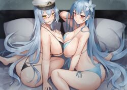 2girls :d arkhangelsk_(azur_lane) ass azur_lane between_legs bikini black_bikini blue_bikini blue_flower blue_hair blush breast_press breasts cleavage earrings flower from_behind from_side hair_between_eyes hair_flower hair_ornament hand_between_legs hand_on_own_chest highres indoors jewelry large_breasts long_hair looking_at_viewer looking_back multiple_girls nori_aji on_bed open_mouth red_eyes side-tie_bikini_bottom sitting smile swimsuit symmetrical_docking thighs very_long_hair voroshilov_(azur_lane) yellow_eyes yuri