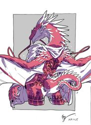 2018 animal_genitalia anthro anus claws dera_kimidori dragon ear_piercing genital_slit kemono male piercing scalie slit smile solo spikes towel wet whiskers wings