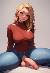 1futa abs ai_generated balls big_penis blonde_hair blue_eyes blush breasts clothed dark_cultist dickgirl erect_penis erection fly_open futa_only futa_sans_pussy futanari hands_behind_back head_tilt hearts_around_head jeans legs_spread long_hair long_penis long_sleeves looking_at_viewer midriff navel no_panties open_pants pants parted_lips penis penis_out precum self_upload simple_background sitting smile solo solo_futa spread_legs sweater