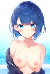 1girls ai_generated areola areolae belly blue_eyes blue_hair blush blush breasts breasts breasts breasts_out completely_naked completely_naked_female completely_nude completely_nude_female female female_focus female_only high_resolution highres kiritani_haruka looking_at_viewer medium_breasts naked nipples open_shirt pov project_sekai shirt solo solo_female solo_focus tits_out tummy undressed undressing