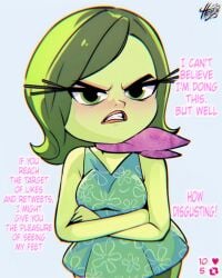 angry_face background breasts clothing dialogue disgust_(inside_out) disgusted disgusted_expression dress english_text green_body green_eyes green_skin heroti-x inside_out inside_out_2 lips lipstick simple_background skirt tights