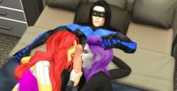 1boy 2girls 3d animated dc dc_comics dick_grayson female koriand'r licking_penis long_hair male multiple_girls nightwing oral pale-skinned_male penis pof3445 rachel_roth raven_(dc) sims4 starfire teen_titans the_sims_4 threesome