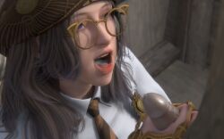 1girls 3d after_oral bdo black_desert black_desert_online blender brown_hair cabbie_hat collared_shirt cum cum_in_mouth cum_on_lips cum_on_penis cum_on_tongue female_focus glasses holding_penis male_out_of_frame notablyfishy open_mouth oral_creampie purple_highlights scholar_(black_desert) showing_cum tie violet_eyes