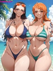 2girls ai_generated arms_behind_back beach bikini bikini_bottom bikini_top blue_bikini blue_eyes bombacopta breasts breasts_pressed_together brown_eyes curvaceous earrings female female_only green_bikini grin huge_breasts large_breasts long_hair mature_female midriff nami nico_robin one_piece orange_hair post-timeskip slim_waist sunglasses_on_head sweat thick_thighs wet