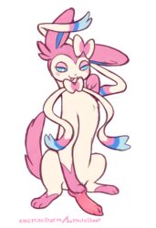 1boy 2018 animal_genitalia animal_penis blush_sticker canine canine_penis eeveelution electrikestorm erection feral fur furry half-closed_eyes hand_on_penis hi_res knot male male_only mammal nintendo penis pink_fur pokémon_(species) pokemon pokemon_xy ribbons sitting solo sylveon text video_games watermark white_fur