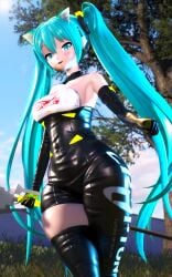 big_breasts blue_eyes blue_hair blush bodysuit cat_ears cat_eyes clothed hatsune_miku long_gloves looking_at_viewer mikou_39 pov racing_miku thick_thighs twintails vocaloid