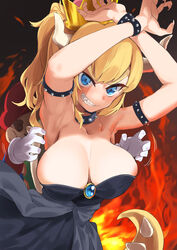 1boy 1girls areola_slip armpits big_breasts blonde_hair blue_eyes bowsette breasts busty cleavage dress female genderswap highres male mario mario_(series) monster_girl new_super_mario_bros._u_deluxe nintendo nipple_slip rona sharp_teeth shell smile straight super_mario_bros. tail