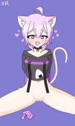 bottomless cat_ears cat_tail catgirl choker condom_wrapper heart heart-shaped_pupils hololive horny imxr24 nekomata_okayu purple_eyes purple_hair virtual_youtuber