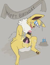 bandage bandage_on_face bandage_on_nose birthday birthday_cake birthday_gift blush bodily_fluids broken_sex_toy cake clothing cum cum_on_penis cum_pool dessert eeveelution ejaculation excessive_cum excessive_genital_fluids feral food fur generation_1_pokemon genital_fluids genitals hat headgear headwear heart_eyes heart_symbol hi_res jolteon male nintendo onex_volts party_hat pawpads penis pokemon pokemon_(species) sex_toy solo solo_focus tongue tongue_out vekrott yellow_body yellow_fur
