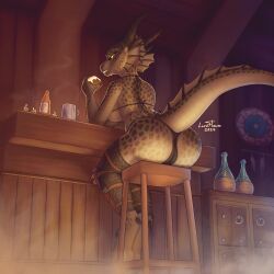 2024 alcohol argonian ass bar_counter bar_stool beverage big_butt bikini bottle brown_body cabinet candle clothing container counter cup female fin food furniture glowing glowing_eyes head_fin hi_res holding_food holding_object horn ineffective_clothing inside knee_pads leaning_on_counter looking_at_viewer looking_back lordflawn microsoft mug rear_view scalie shaded signature sitting smile smiling_at_viewer smoke stool sweetroll swimwear tail tail_fin the_elder_scrolls two-piece_swimsuit wall_(structure) wood wood_wall yellow_eyes