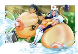 1boy 1girls anthro breasts female gigantic_breasts hand_milking hyper_breasts lactation male massive_breasts milking miltank nurse_uniform pokemon pokemon_(species) projectile_lactation rchammer