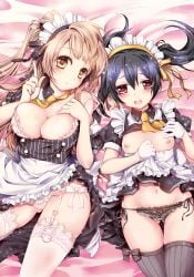 2girls black_hair black_panties blush breasts brown_hair garter_straps geko grey_legwear love_live! love_live!_school_idol_project maid medium_breasts minami_kotori nipples panties red_eyes small_breasts white_legwear white_panties yazawa_nico yellow_eyes