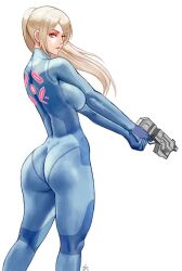 1girls ass blonde blonde_female blonde_hair blonde_hair_female bodysuit breasts butt female female_only female_solo fully_clothed girl girl_only gun holding_gun holding_weapon metroid nintendo only_female pistol ponytail samus_aran sideboob solo standing tagme white_background zefra_bleu zero_suit zero_suit_samus