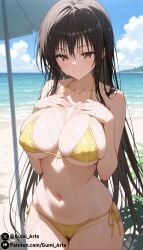 ai_generated beach bikini black_hair brown_eyes covered_nipples covered_pussy gumi_arts hands_on_breasts kotegawa_yui large_breasts outdoors smile stable_diffusion to_love-ru wet wide_hips