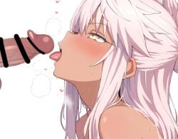 1boy 1girls blush breasts censored chloe_von_einzbern dark-skinned_female dark_skin diesirea erection fate/kaleid_liner_prisma_illya fate_(series) female hair_bun half_updo imminent_fellatio long_hair male nude open_mouth orange_eyes penis penis_awe pink_hair sidelocks small_breasts straight tongue tongue_out