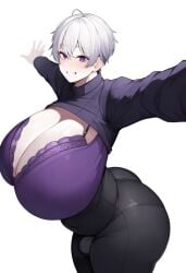 1boy ai_generated bra bulge bulge_through_clothing busty_boy cleavage cleavage_window crotch femboy genderbend huge_ass huge_breasts jonnyjonn leather leather_pants looking_at_viewer male_with_breasts man_tits man_with_tits massive_breasts novelai oc original_character pale_skin purple_bra purple_eyes rule_63 smile thanatos_(jonnyjonn) white_hair