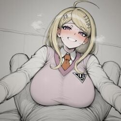 1boy 1girls ahoge ai_generated akamatsu_kaede blonde_hair blush breast_rest breasts breath danganronpa danganronpa_v3 female female_focus fully_clothed grin huge_breasts large_breasts looking_at_viewer lying lying_on_person male male_pov naughty_face new_danganronpa_v3 outstretched_arms pov pov_crotch purple_eyes smile steam steamy_breath straight sweat sweater sweater_puppies sweater_vest tie vest