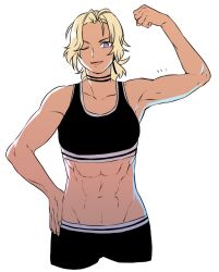 1girls abs blonde_hair blue_eyes catherine_(fire_emblem) clenched_hand dark-skinned_female dark_skin fire_emblem fire_emblem:_three_houses flexing muscular muscular_female nintendo radiostarkiller simple_background smile solo sports_bra