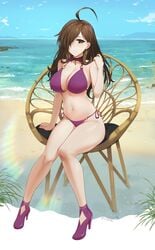 1girls absurdres ahoge bare_arms bare_legs bare_shoulders bat_wings beach bikini black_choker blue_sky blush breasts brown_eyes brown_hair chair choker cleavage cloud cloudy_sky collarbone cross cross_choker cross_earrings day earrings female female_only full_body hair_over_one_eye half-closed_eye hand_up heels high_heels highres hip_focus horizon huge_ahoge jewelry knees_together_feet_apart kono_subarashii_sekai_ni_shukufuku_wo! large_breasts latin_cross legs light_blush long_hair looking_at_viewer messy_hair navel o-ring o-ring_bikini ocean outdoors purple_bikini sendo_(sendrawz) sendrawz side-tie_bikini_bottom sitting sky smile solo swimsuit tareme thighs waves wide_hips wings wiz_(konosuba)