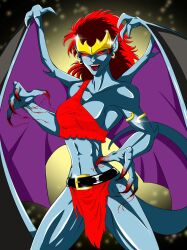 blood_stained_chest_cloth blood_stained_clothes blood_stained_loincloth blue_skin clawed_fingers demon_girl demona_(gargoyles) human_blood_stained_cloths tail wings