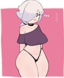 2024 artist_name ass ass_visible_through_thighs barely_clothed big_ass big_breasts black_panties black_thong brawl_stars chocker colette_(brawl_stars) crop_top cropped_legs erect_nipples female josebonn looking_at_viewer pink_background poking_out purple_clothing purple_crop_top simple_background slightly_chubby solo solo_female thick_thighs thong uninterested white_hair wide_thighs