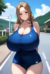 1girls absurdres ai_generated blue_swimsuit breasts breasts_bigger_than_head brown_hair collarbone female high_resolution highres huge_breasts large_breasts mature_female milf one-piece_swimsuit solo takayanagi_hayabusa