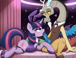 ai_generated balls chimera discord_(mlp) draconequus equid equine fellatio female feral friendship_is_magic furru hasbro horns knot long_neck male my_little_pony oral penis red_eyes smile twilight_sparkle_(mlp) unicorn yellow_sclera