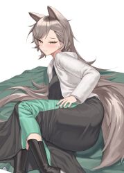 arknights blush fallen_down fat_ass fully_clothed looking_at_viewer looking_back lying_down on_bed penance_(arknights) penance_(occasionally_flushed)_(arknights) thick_ass thick_thighs wolf_ears wolf_girl wolf_tail