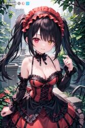 1girls ai_generated black_hair blush cute date_a_live eyebrows_visible_through_hair female female_only front_view garden hair_between_eyes heterochromia highres light-skinned_female light_skin long_dress long_twintails looking_at_viewer lunjuni medium_breasts outdoors red_dress red_eyes red_ribbon ribbon solo stable_diffusion standing tagme thick_thighs tokisaki_kurumi twintails very_long_hair watermark yellow_eyes