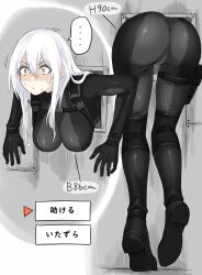 1girls ass fuku_(fuku12290574) grey_eyes large_breasts original original_character stuck stuck_in_wall tight_clothing white_hair