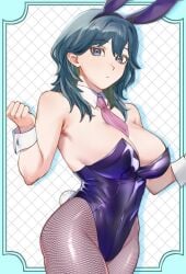 alternate_costume animal_ears bare_shoulders blue_hair breasts bunny_ears bunny_girl bunnysuit byleth_(female)_(fire_emblem) byleth_(fire_emblem) cleavage detached_collar fake_animal_ears fake_tail female female_only fire_emblem fire_emblem:_three_houses fishnet_pantyhose fishnets fully_clothed hair_between_eyes highleg highleg_leotard highres large_breasts leotard long_hair necktie pantyhose pink_necktie playboy_bunny purple_leotard rabbit_ears rabbit_tail revealing_clothes s_oxox shiny_clothes solo strapless strapless_leotard tail thighs tight_clothing wrist_cuffs