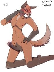 allieboy anthro anthropomorphic averting_eyes beastars blush blush blush_lines brown_fur cum cum_dripping cum_dripping_from_penis cum_on_penis dark_fur erect_penis erection flustered furry furry_only glasses glasses_only maned_wolf nipples oc original_character sweat sweatdrop sweating wolf yellow_eyes yukiko_(allieboy)