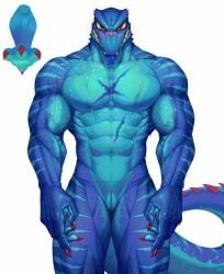 3_toes abs animal_genitalia anthro blue_body blue_scales blue_tongue blush clawed_fingers claws facial_scar feet genital_slit genitals hi_res male muscular muscular_male navel pecs rcd0528 red_eyes scales scar solo toe_claws toes tongue