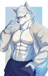 abs blouse blue_body blue_fur blue_pants blush blush_lines bright_eyes canine cap chung_(chung0_0) clothed clothing inner_ear_fluff looking_at_viewer male mammal multicolored_body multicolored_fur muscular muscular_anthro muscular_male neck_tuft nipples pants redd_fur white_body white_fur wolf
