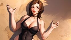 ai_generated big_breasts choker female hands junonboy kashiwagi_noriko laying_on_back mature mature_female mature_woman milf one-piece_swimsuit open_hands open_palms palm_hands palms persona persona_4 swimsuit teacher