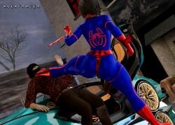 3d alexfrazer ass car fight latina marvel pale-skinned_male sfw spider-woman_2099 spider_girl superhero surrendering tight_clothing