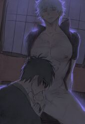 2boys anal_fingering anus bar_censor blowjob blush bodily_fluids bottomless bs1dmpup3zjaus6 fellatio fingering fingering_partner gay gintama gintoki_sakata hijikata_toshiro male male_only open_shirt oral pecs sitting uncensored yaoi