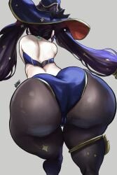 1girls ass big_ass black_hair bottom_heavy cameltoe fat_ass female female_only genshin_impact hat huge_ass large_ass light-skinned_female light_skin massive_ass mona_(genshin_impact) noblood png rear_view ryandomonica solo thick_ass thick_thighs thunder_thighs wide_hips