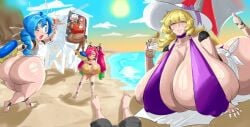 1boy 4girls ass beach big_ass big_breasts bikini blonde_hair breasts fat_ass female female_focus giant_breasts gigantic_breasts hat huge_ass huge_breasts hyper hyper_breasts lifeguard male massive_ass massive_breasts milf pov pov_eye_contact robot round_ass s_elbeej smile spring_(s_elbeej) sunscreen thick_ass