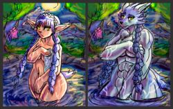 abs alternate_form animal_ears animal_nose anthro bathing braid camelot cloth comparison female female_only frown frowning furry glowing_eyes golden_sun golden_sun_dark_dawn long_hair manpersonguy night nintendo nude outside pond purple_fur purple_hair side-by-side solo sveta tail transformation twin_braids twintails two_tone_fur very_long_hair washcloth were werewolf wet white_fur yellow_eyes