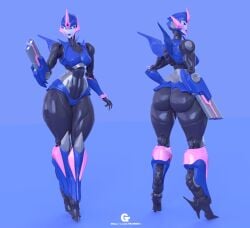 1girls arcee arcee_(prime) arm_cannon big_ass big_butt clothed facing_away facing_viewer female female_only full_body gun solo thick_thighs transformers transformers_prime trawert wide_hips