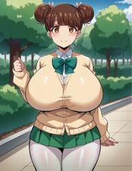 ai_generated bare_legs breasts_bigger_than_head brown_eyes brown_hair fujinoki_nene gigantic_breasts gyaru hair_bun hajimete_no_gal huge_breasts light-skinned_female light_skin looking_at_viewer massive_breasts milkersenjoyer pantyhose school_uniform schoolgirl shortstack smiling solo_female thick_thighs thighs voluptuous voluptuous_female