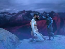 1boy 1girls 3d blue_skin blue_skinned_male bondage clothed_male_nude_female gas_mask height_difference kneeling male original slave slavegirl spicebound