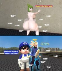 1girls 2boys axol_(smg4) balls big_ass_(female) blushing boner clapping_cheeks completely_nude completely_nude_female female garry's_mod ghost gmod halo heartbeat kaibernation male melony_(smg4) naked naked_female nude nude_female pants_rip showing_ass smg4 smg4_(character) throwing_it_back twerking