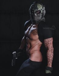 3d arm_tattoo ass bettybattaglia black_background call_of_duty chest_tattoo cocky daddy eye_contact gloves gun headset looking_at_viewer male_only manly mask masked masked_male nikto nipple_piercing pants_down pierced_nipples pistol shirt_up solo_male tattoos tough_guy