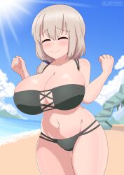 1girls big_breasts bikini bikini_bottom bikini_top black_bikini bluefrok blush bottomwear breasts cleavage closed_eyes eyepatch_bikini female female_only grey_hair hair huge_breasts large_breasts mature mature_female mature_woman milf mother smile solo solo_female submissive_pose swimwear thighs topwear uzaki-chan_wa_asobitai! uzaki_tsuki